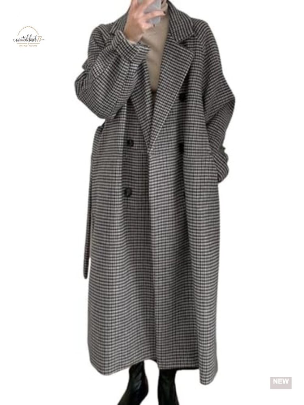 Plaid Tweed Blazer Trench Coat Notched Double Breasted Belted Midi Pea Coat